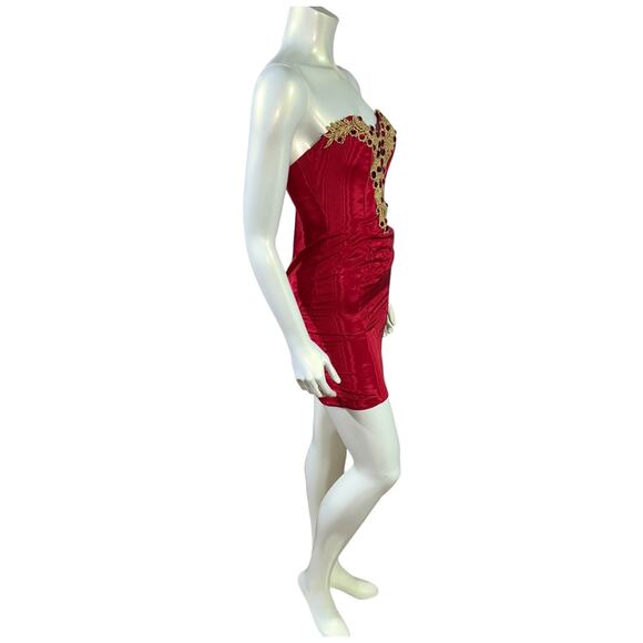 Jessica McClintock Gunne Sax Red Strapless Mini Dress with Gold Lace - Size 3/4 - Picture 3 of 16